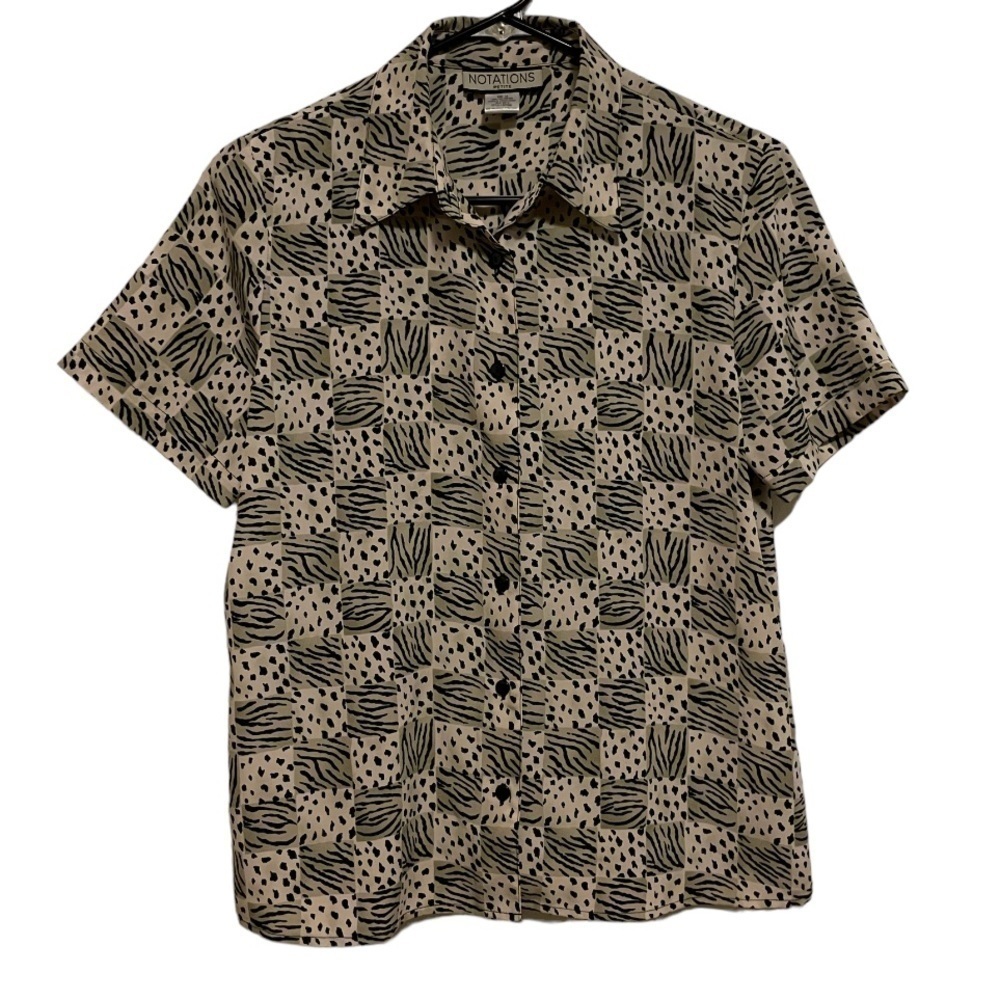 Notations Short Sleeve Button Down Shirt Black, White, & Gray Animal Print Med